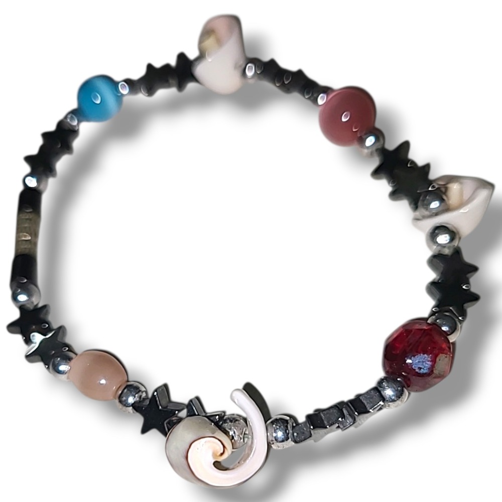 Vintage '90S Y2k Hematite Stars Glass & Shell Beaded Bracelet 7.5"